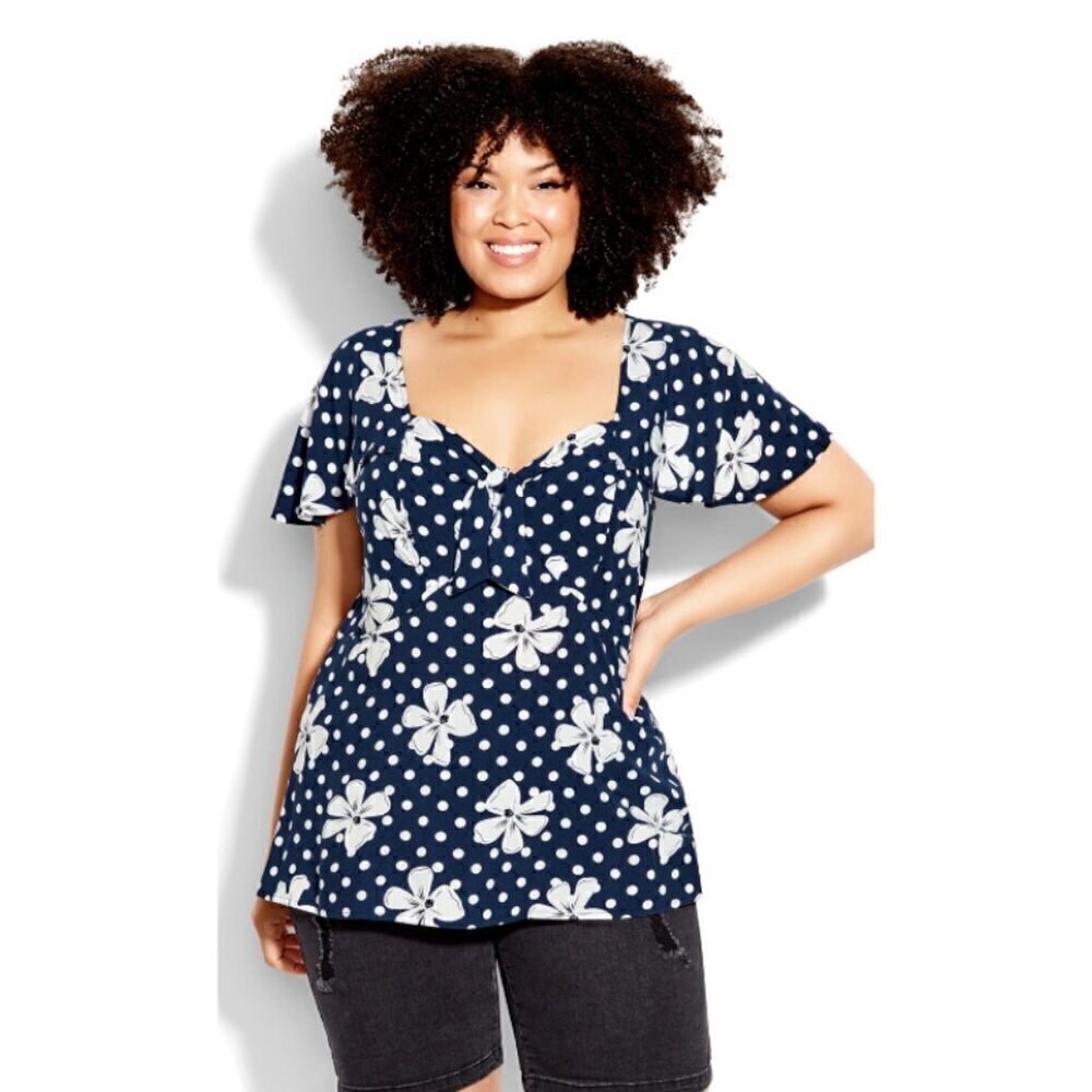 AVENUE Plus Size Kata Print Top - Blue with White - NWT